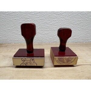 Vtg Set Of 2 Wood Handle Rubber Stamps Pig & Honest Wool